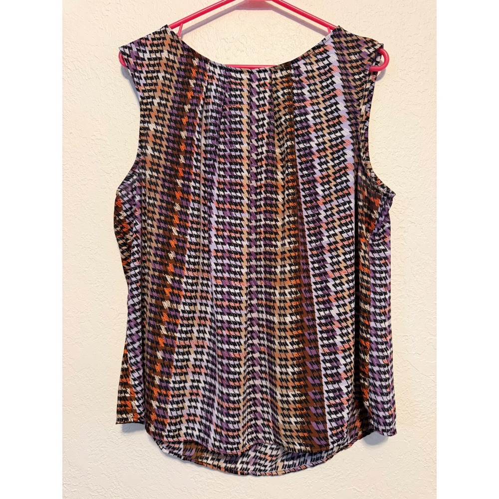 Worthington XL Sleeveless Blouse Purple Orange Houndstooth Pleated Keyhole Top